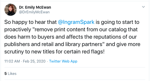 A tweet from Dr. Emily McEwan in favor of IngramSpark’s catalog integrity guidelines.