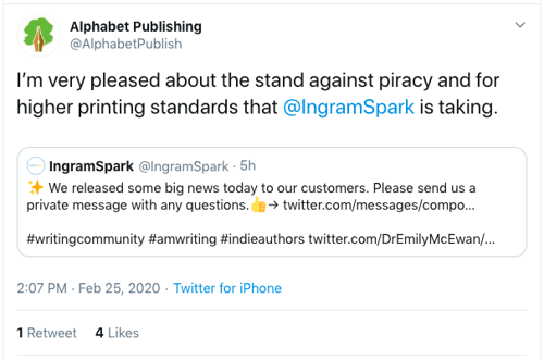 A tweet from Alphabet Publishing in favor of IngramSpark’s catalog integrity guidelines
