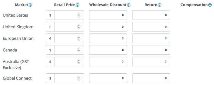 A table with fields where you can enter retail pricing for your book in various markets.