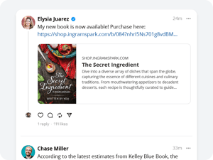 A screenshot of a social media post from an independent author using an IngramSpark shareable link.