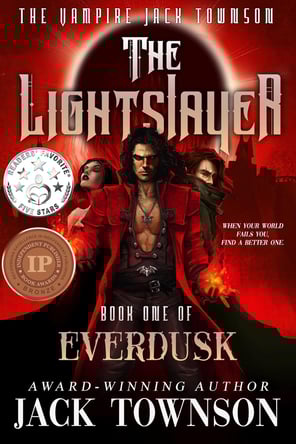The cover of a book titled The Lightslayer by Jack Townson. It features a male vampire in a red cloak.