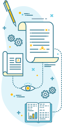 A pen writing on a page of a book with ideas flowing into a data sheet for a book marketing strategy.