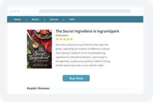 A reader-facing website with a book's cover image and a buy button added with an HTML embed tag.