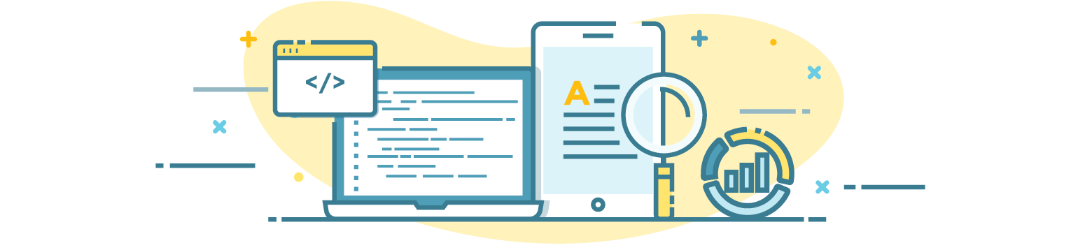 Illustrations of a browser screen, a laptop, a tablet, a magnifying glass and charts.