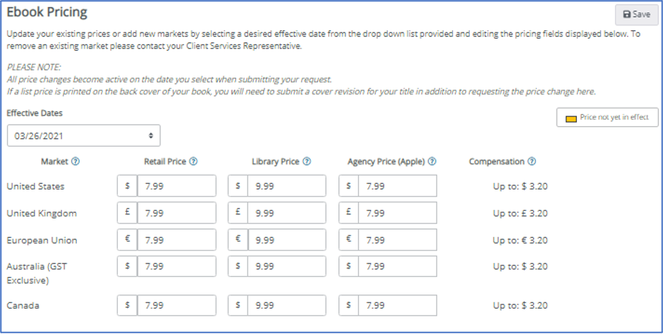 A screenshot of the ebook pricing section in an IngramSpark account.