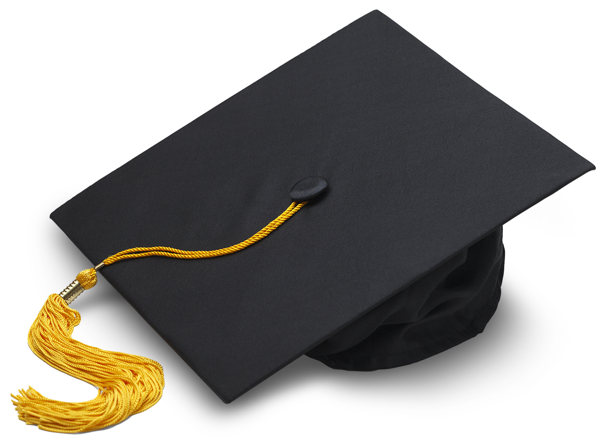 A black graduation cap with a yellow tassel.