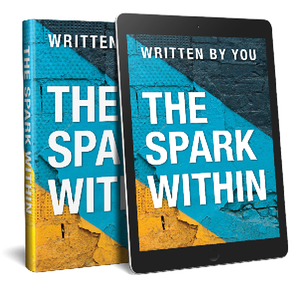 A book titled The Spark Within and a tablet showing the same book.