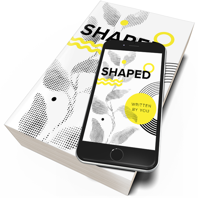 A smartphone showing the cover of a book titled Shaped, on top of the actual book.